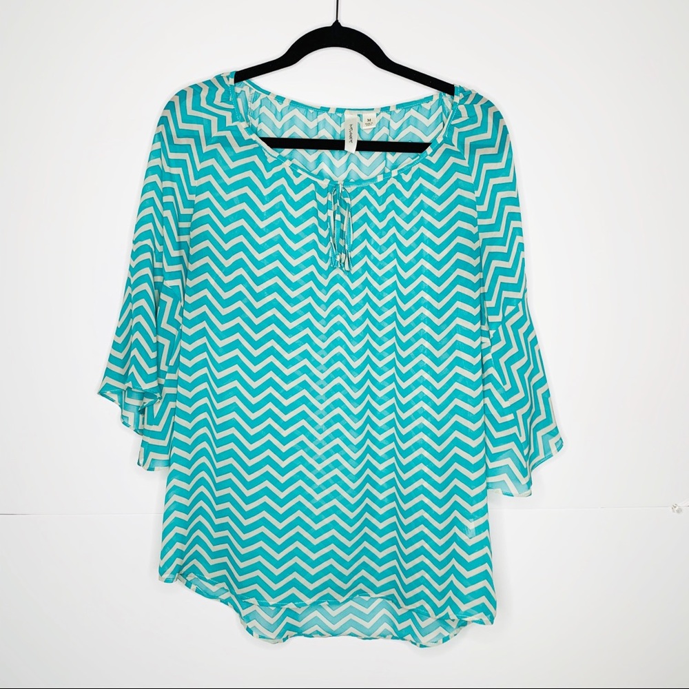 Tacera Teal Blue Chevron Blouse Sz M